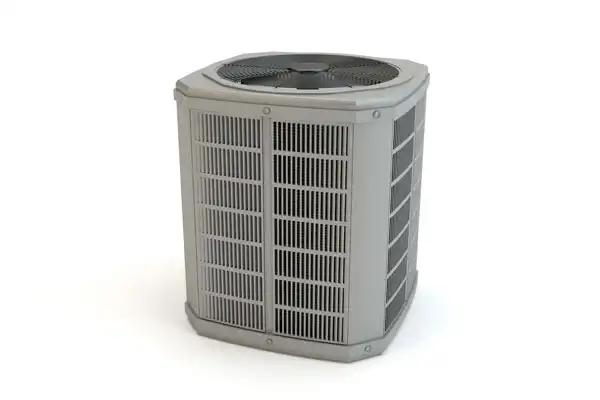 An outdoor air conditioning unit with a fan on top, showcasing a sleek rectangular design and vertical grille panels. Ideal for those seeking efficient cooling, it ensures performance even when air conditioning repair is needed.