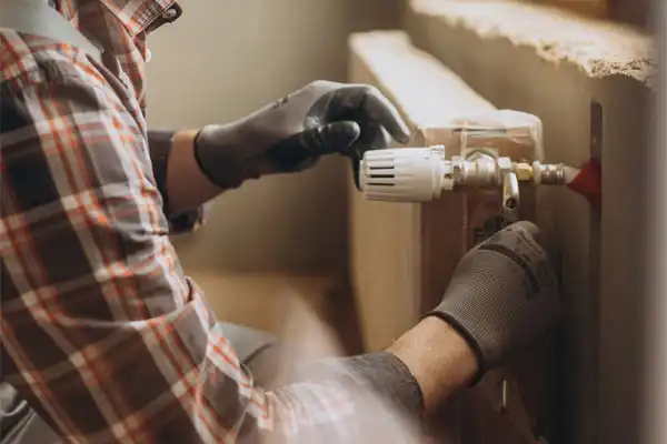 A person in a plaid shirt and gloves carefully adjusts a valve on a radiator, ensuring the room stays cozy, while also checking that the dehumidifier repair was successful.
